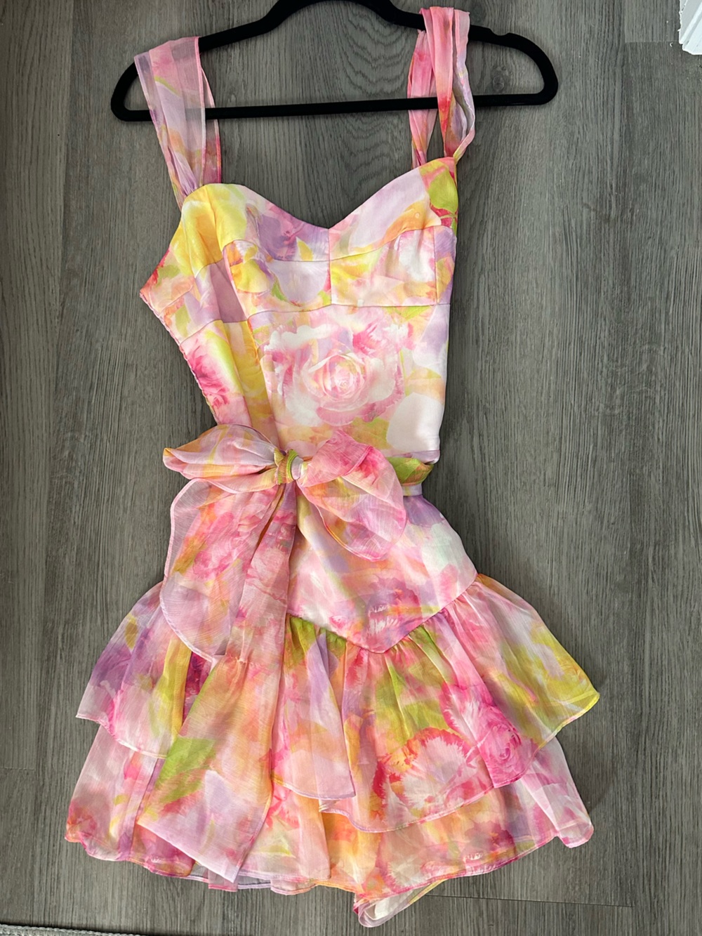 Amanda Uprichard Pink Yellow Floral Mini Dress with Bow